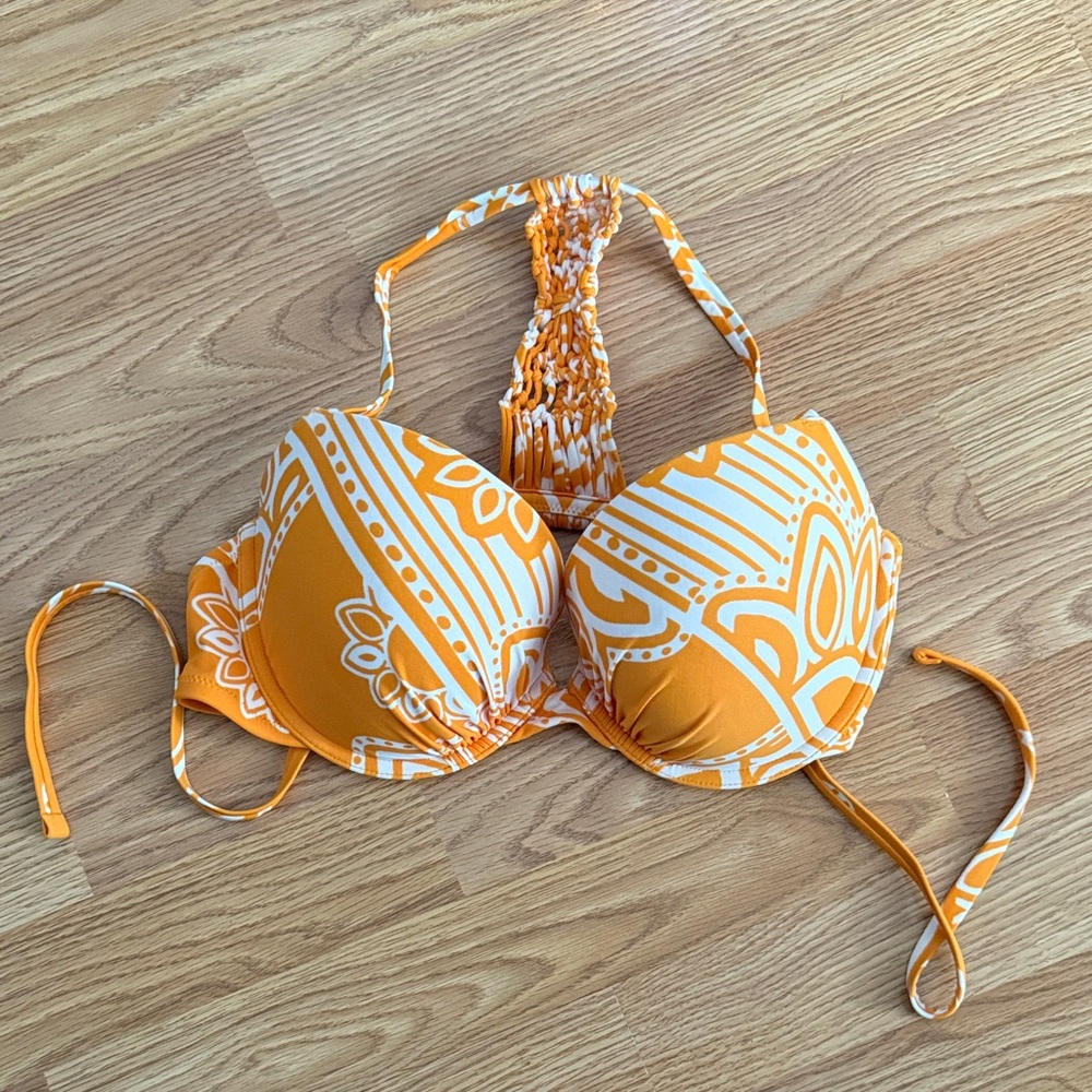 Orange and White Patterned Bikini Top